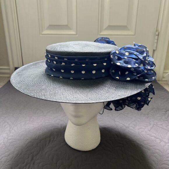 VTG 70s 80s Sonni San Francisco Hat Navy & Polka Taffeta Band Bow Kentucky Derby - Picture 2 of 8